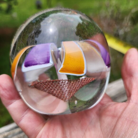 Vintage Handblown Glass Paperweight With Purple & Amber Swirls Copper Mesh Cente - Picture 5 of 10